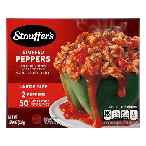 Box of Stuffed Pepper featuring a plate with green peppers and beef below the product name and "LARGE SIZE" label.