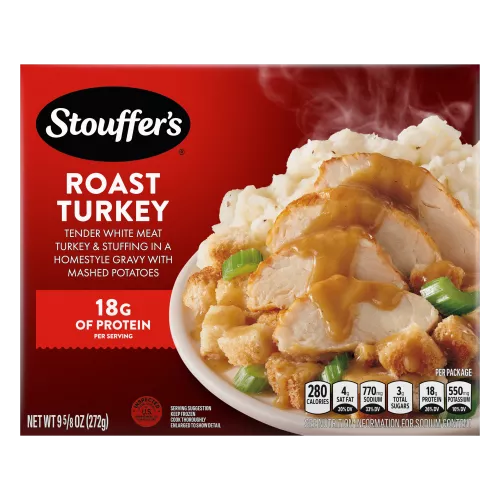 Box of Roast Turkey with a plate of turkey, stuffing, and mashed potatoes under the product name and STOUFFER'S logo.