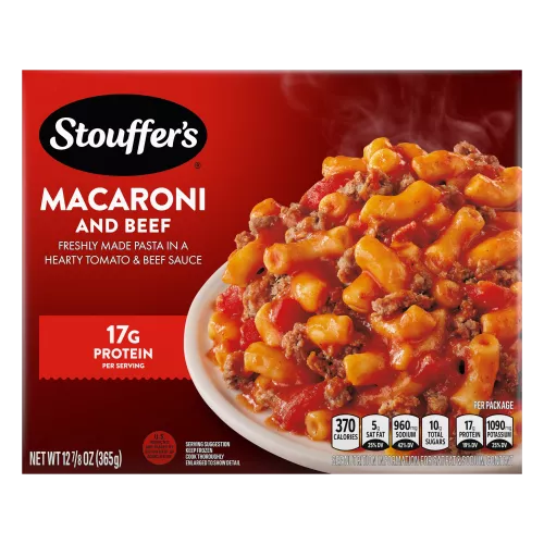 Box of Macaroni & Beef with a plate of macaroni on a table under the product name and STOUFFER'S logo.