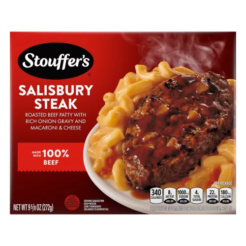 Box of Salisbury Steak featuring a plate of beef and macaroni below the product name and "100% PURE BEEF" label.