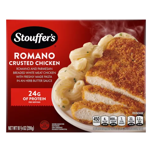 A plate of Romano Crusted Chicken with buttered pasta on a wood table below the product name and STOUFFER'S logo.