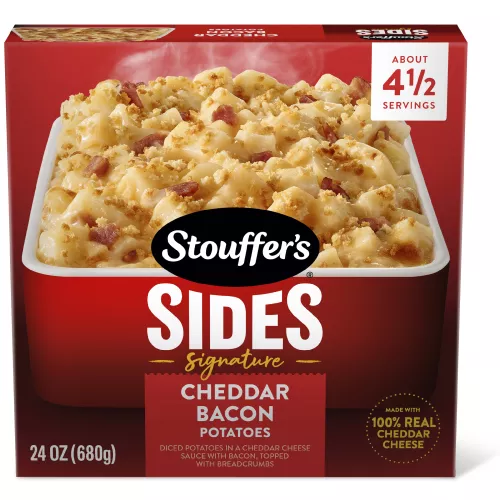 Box of Cheddar Bacon Potatoes in red and white casserole dish with Stouffer’s Sides, new!, and ready in 15 minutes badges.