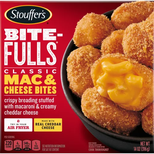 Box of Mac & Cheese Bites with a plate of bites stacked below the product name and STOUFFER'S logo.