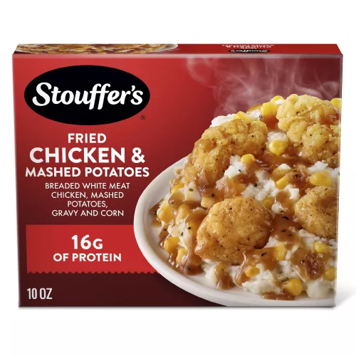 Front Center view of STOUFFER'S Frozen Meal Fried Chicken Mashed Potatoes 10oz Box NET WT 10 OZ (283g) product.