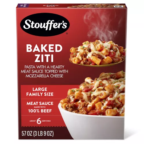 Box of Baked Ziti featuring a plate of pasta and sauce below the product name, STOUFFER'S logo and "100% PURE BEEF" label.