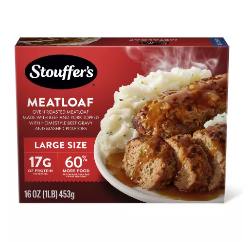 Box of Meatloaf with a plate of mashed potatoes, gravy and meatloaf below the product name and "17g of Protein" label.
