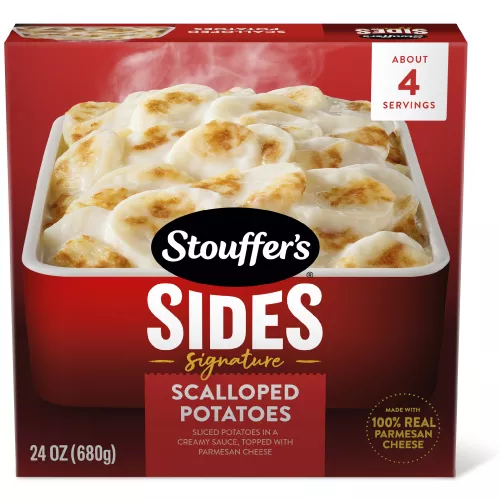 Box of Scalloped Potatoes in red and white casserole dish with Stouffer’s Sides, new!, and made with 100% real parmesan cheese badges.
