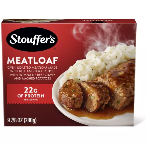 Box of Classic Meatloaf with a plate of mashed potatoes, gravy and meatloaf below the product name and STOUFFER'S logo.