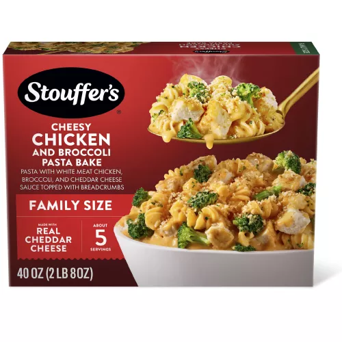 Box of Chicken & Broccoli Pasta Bake with a dish and plate of pasta, broccoli and cheese below the product name and logo.