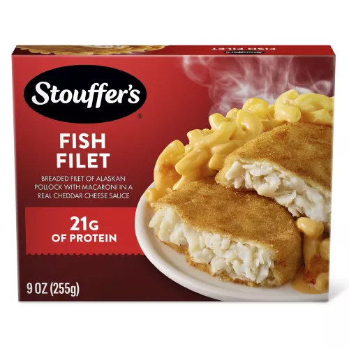 Front Center view of STOUFFER'S Fish Filet with Macaroni and Cheese Frozen Entrée 9oz Box NET WT 9 OZ (255 g) product.