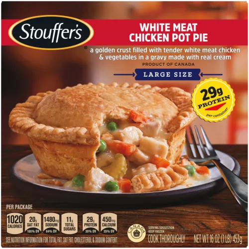 Caja de White Meat Chicken Pot Pie con un plato de una corteza hojaldrada y verduras debajo del nombre del producto y del logo.