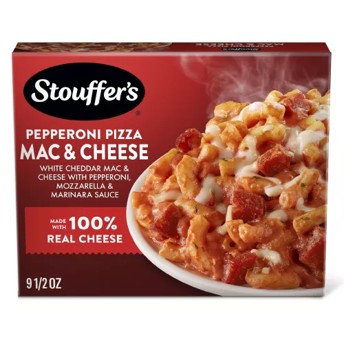 Front Center view of STOUFFER'S Frozen Meal Pepperoni Pizza Macaroni Cheese 9.5oz Box NET WT 9 1/2 OZ (269g) product.