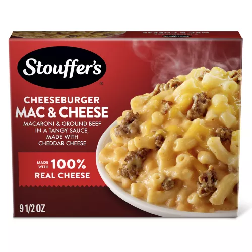 Front Center view of STOUFFER'S Frozen Meal Cheeseburger Macaroni Cheese 9.5oz Box NET WT 9 1/2 oz (269g) product.