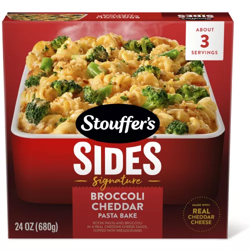 Front Center view of STOUFFER'S BROCCOLI CHEDDAR PASTA BAKE Frozen Entrée NET WT 24 OZ (1 LB 8 OZ) 680g product.