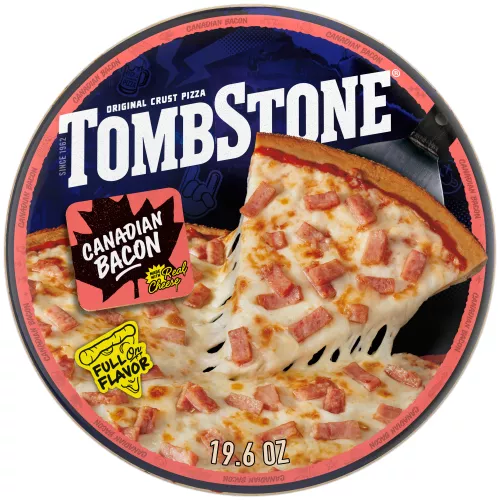 Package of original Canadian bacon pizza with a red label and border, a spatula under a pizza, and the Tombstone logo with a Quarter Pound of Cheese and Bold and Zesty Sauce badge.
