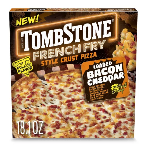 Front Center view of Tombstone French Fry Style Crust Loaded Bacon Cheddar Frozen Pizza 18.1 oz Box NET WT 18.1 oz (1 lb 2.1 oz) 515g product.