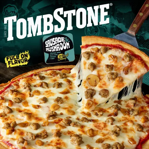 Package of original sausage & mushroom pizza with a teal label and border, a spatula under a pizza, and the Tombstone logo.