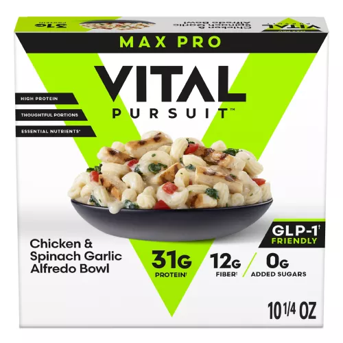 Front Center view of VITAL PURSUIT Max Pro Chicken & Spinach Garlic Alfredo Bowl NET WT 10 1/4 oz (290 g) product.