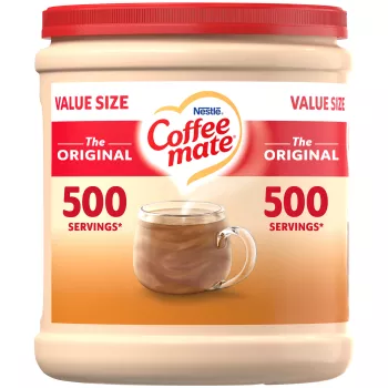 A canister of original Coffee mate powder featuring a red and white label with a mug, biscotti and the Coffee mate logo.