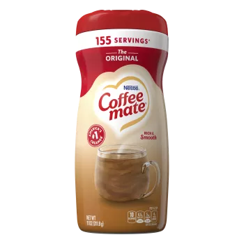 A canister of Coffee mate Original Powder with a red cap and red label above a mug of coffee with biscotti.