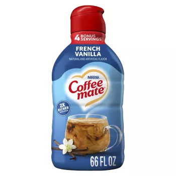 Bottle of French Vanilla Creamer with glass of iced coffee, vanilla beans and Try In Iced Coffee and 4 Bonus Servings.