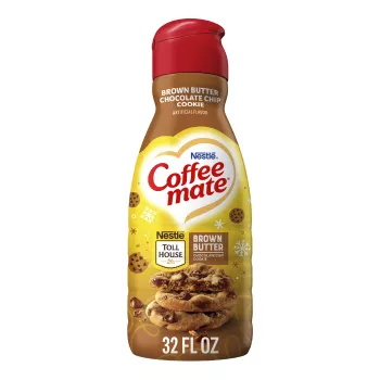 Front Center view of Coffee Mate Nestle Coffee mate Brown Butter Chocolate Chip Cookie Liquid Coffee Creamer 32 FL OZ (1 QT) 946 mL product.