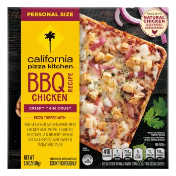 Box of BBQ Chicken Recipe Pizza with pizza, cilantro & purple onion and a made with natural chicken and Personal Size badges.