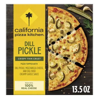 Front Center view of California Pizza Kitchen Crispy Thin Crust Pickle Frozen Pizza 12 in 13.5 oz Box NET WT 13.5 oz (383 g) product.