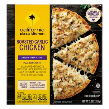 Box of Roasted Garlic Chicken Pizza with half a pizza, chicken and the natural chicken badge on a black wooden surface.