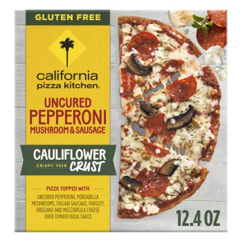 Front Center view of California Pizza Kitchen Cauliflower Crust Uncured Pepperoni Mushroom and Sausage Frozen Pizza 12.4 oz Box NET WT 12.4 oz (353 g) product.