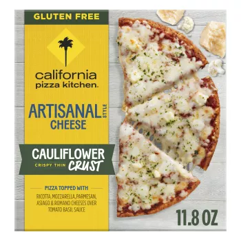 Front Center view of California Pizza Kitchen Cauliflower Crust Artisanal Style Cheese Frozen Pizza 10 in 11.8 oz Box NET WT 11.8 oz (336 g) product.