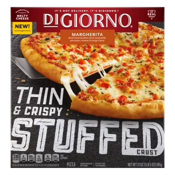 Box of Margherita Thin & Crispy Stuffed Crust pizza with made with real cheese and mouthwatering melty cheese badges.