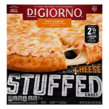 Box of DiGiorno Stuffed Crust Five Cheese Pizza cheese stretching from pizza crust and Stuffed Crust labels.