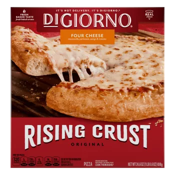 Box of DiGiorno Rising Crust Four Cheese pizza with the product name, pizza on a cutting board, and the Rising Crust logo.