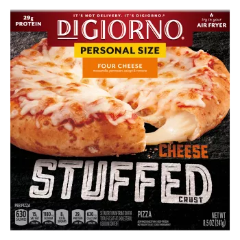Box of DiGiorno Small Sized Stuffed Crust Four Cheese Pizza cheese stretching from pizza crust & Cheese Stuffed Crust logo.