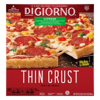 Red box with center-aligned product labels showing DIGIORNO Original Thin Crust Supreme Pizza with slice being pulled away