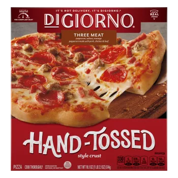 Front Image of a box of DiGiorno Frozen Pizza Hand Toss Three Meat.