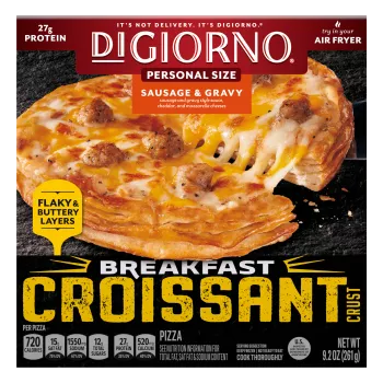 Box of DiGiorno personal size Sausage & Gravy Breakfast Croissant Crust Pizza with Flaky & Buttery Layers badge.
