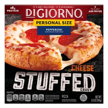 Box of DiGiorno Small Sized Stuffed Crust Pepperoni Pizza with cheese stretching from pizza crust and the Stuffed Crust logo.