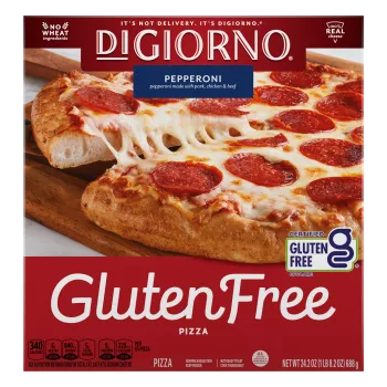 A box of Gluten Free Pepperoni Pizza with New & Improved Recipe, No Wheat Ingredients and 100% Real Cheese labels.