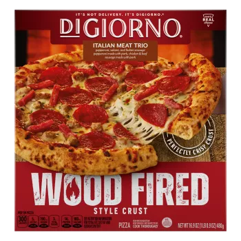Front Center view of DIGIORNO Frozen Wood Fired Pizza Italian Meat Trio 16.9oz Box NET WT 16.9 oz (1 lb. 0.9oz) 480g product.