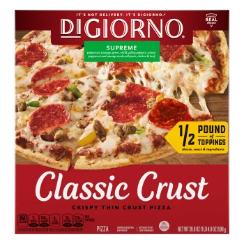 Box of DiGiorno Classic Crust Supreme Pizza with a half pound of toppings, sauce, cheese and ingredients badge.