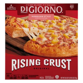 Box of DiGiorno Rising Crust Hawaiian pizza with a slice on a cutting board and the Rising Crust logo.