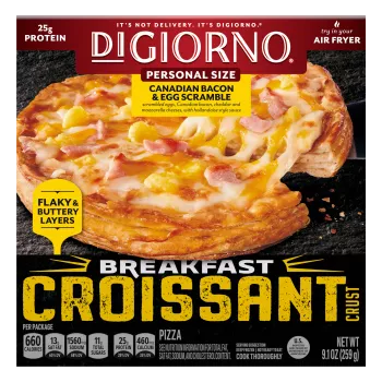Front Center view of DIGIORNO Frozen Pizza Croissant Crust Canadian Bacon Egg 9.1oz Box NET WT 9.1 oz (259 g) product.