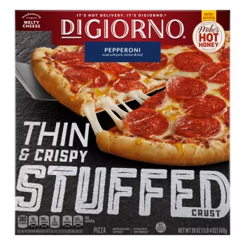 Box of Pepperoni & Hot Honey Thin & Crispy Stuffed Crust pizza with real cheese and The Original Mike’s Hot Honey badges. Pepperoni made with pork, chicken and beef.