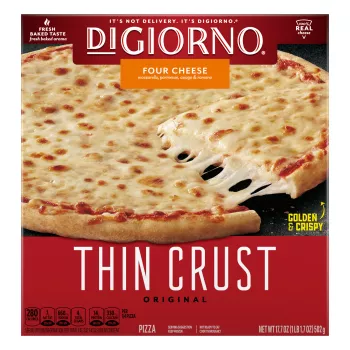 Box of DiGiorno Original Thin Crust Four Cheese Pizza with a pizza and made with real cheese and golden & crispy badges.