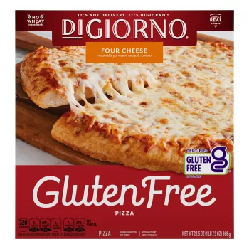 Box of DiGiorno Gluten Free Four Cheese Pizza with a whole pizza and No Wheat Ingredients and 100% Real Cheese badges.