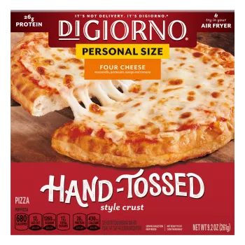 Box of Small Sized Hand-Tossed Style Crust Four Cheese Pizza with the Traditional Crust logo near a whole pizza.