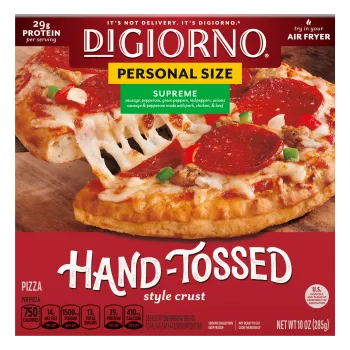 Box of Small Sized Hand-Tossed Style Crust Supreme Pizza with the Traditional Crust logo near a whole pizza.