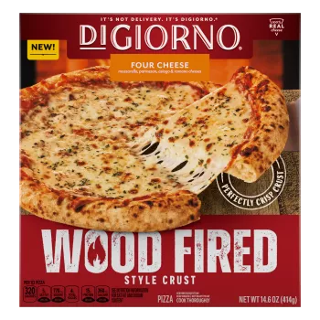 Front Center view of DIGIORNO Frozen Wood Fired Pizza Four Cheese 14.6oz Box NET WT 14.6 oz (414g) product.